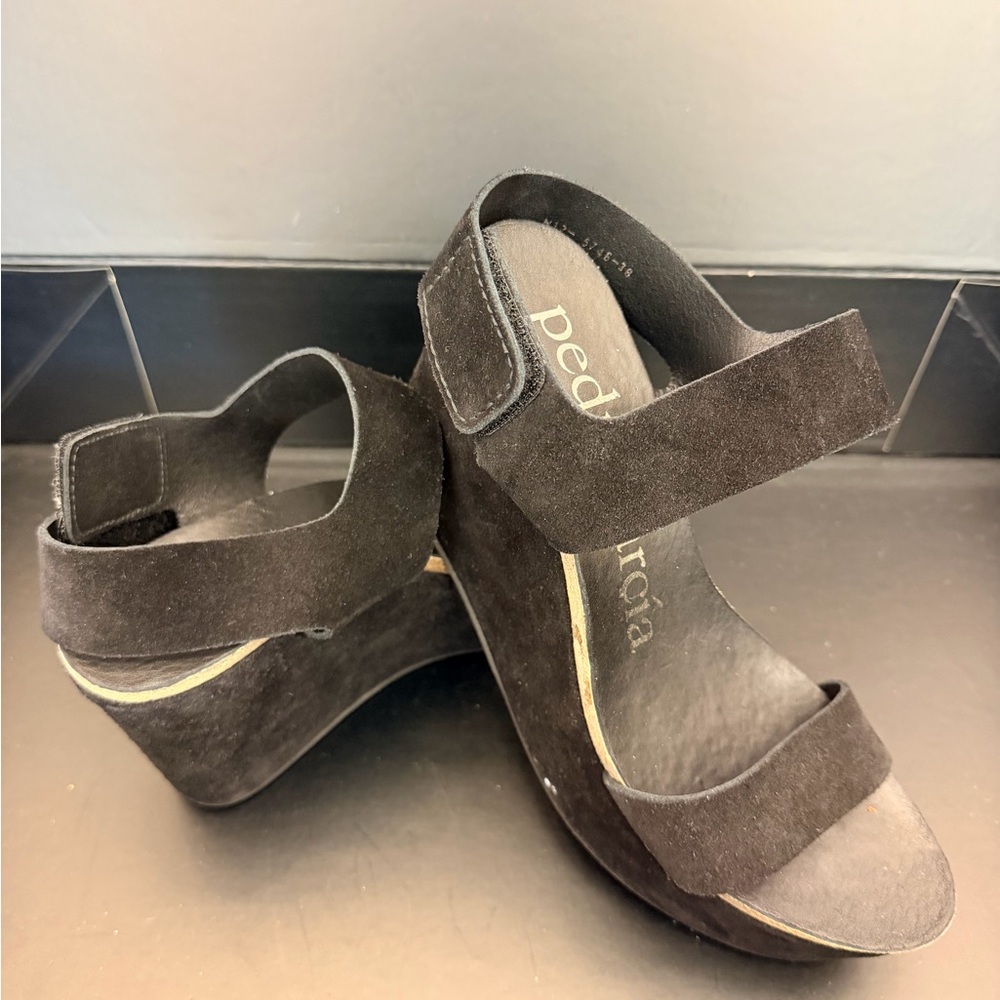 Pedro Garcia Black Suede Platform Wedge Sandals with Ankle Strap